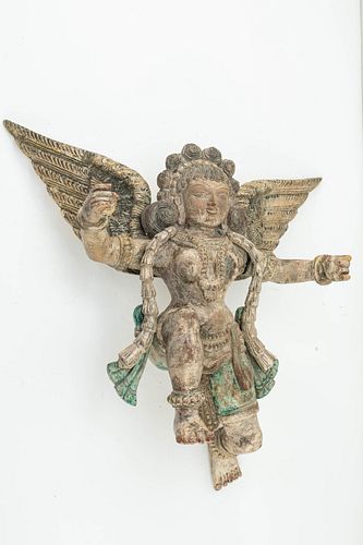 Large Polychrome Architectural Carved Wood Angel