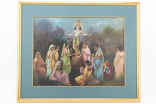 Krishna & Village Maidens Mixed Media Painting