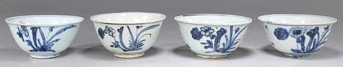 Four Chinese Ming Dynasty Blue & White Porcelain Bowls