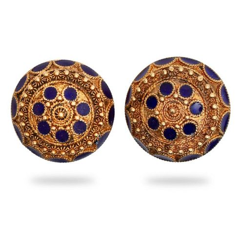 Vintage 14kt  Etruscan Revival Blue Enameled Earrings