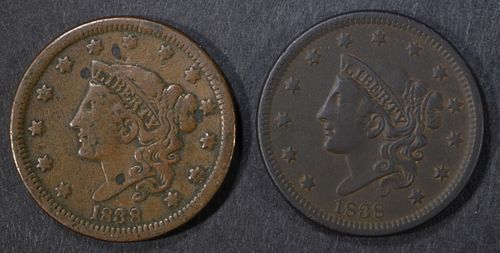 (2) 1838 LARGE CENTS  FINE, VF