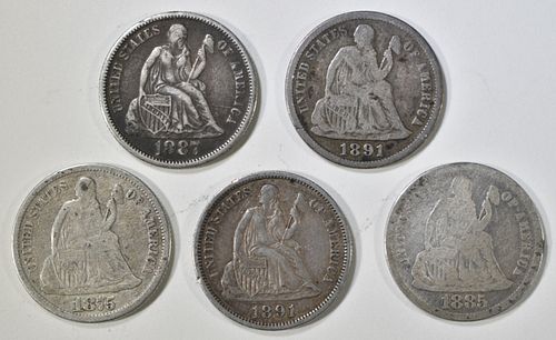 LOT OF 5 SEATED LIBERTY DIMES: