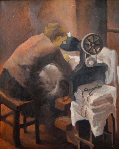 Marysole Worner Baz (Mexico, 1936-2014) The Seamstress/La Costurera, oil on canvas, 36 x 36 in.