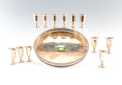 Sterling cordial set & silverplate tray