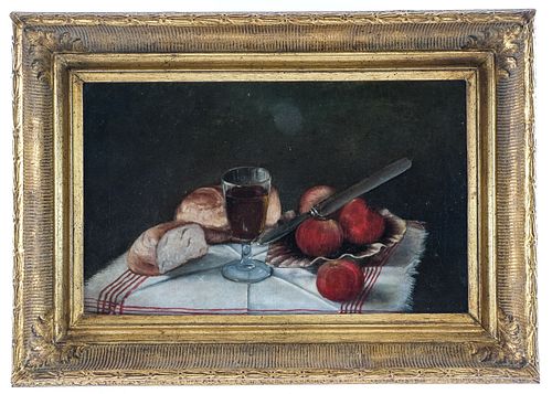 Still Life Painting of Apples, Bread, & Beer
