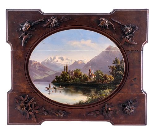Hippolyte Roux, Alpine Lake Landscape Oil on Wood