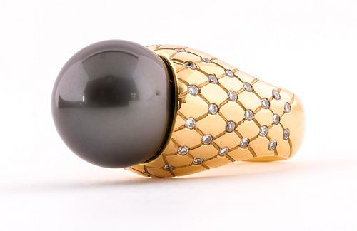 Hans Cullmann 18K , Diamonds & Black Pearl Ring