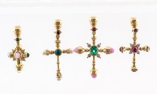 Four 14K Gold & Gemstone Cross Necklaces
