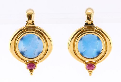 Pair of 18K Yellow Gold, Cameo, & Ruby Earrings