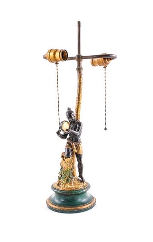 Polychrome Painted Bronze Table Lamp - Native Man