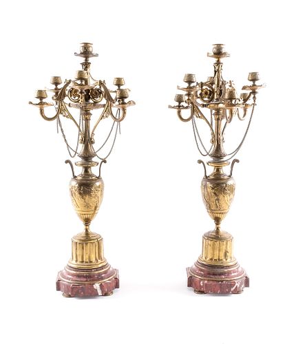 Pair of Gilt Bronze & Red Marble Candelabras