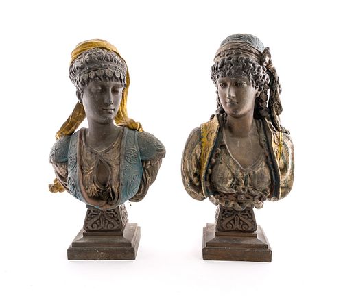 Pair of Orientalist Cast Metal Busts of Women