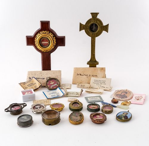 Collection of miniature saint reliquaries & relics