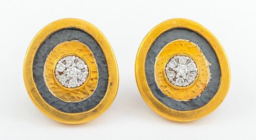 Modern Art Oxidized Silver Gold & Diamond Earrings