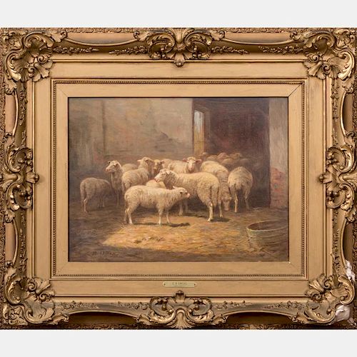 Clara Belle Owen (1854-1955) Sheep in a Barn, Oil on canvas,