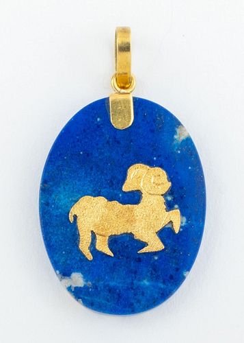 Vintage 18K Gold Lapis Aries Zodiac Pendant
