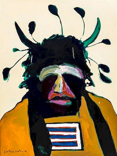 Fritz Scholder, (Native American, 1937-2005), American Portrait with Santa Fe Headdress, 1975