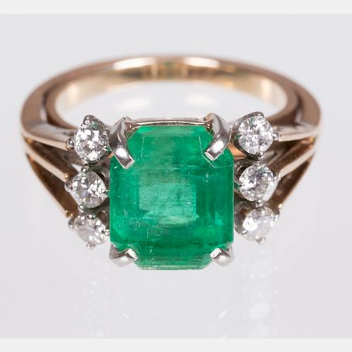 A 14kt. Yellow Gold, Emerald and Diamond Ring,