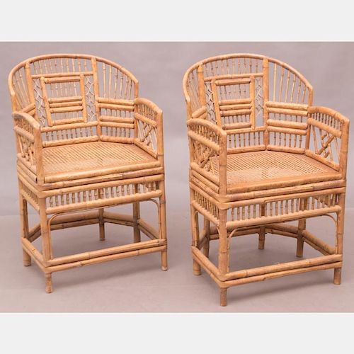 A Pair of Bamboo Armchairs with Caned Seats, 20th Century.