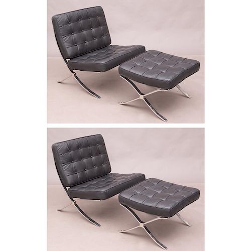 A Pair of Ludwig Mies van der Rohe (1886-1969) Style Chromed Steel and Leather Upholstered Barcelona Chairs and Ottomans.