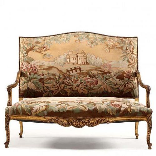 Louis XV Style Gilt and Carved Upholstered Settee  