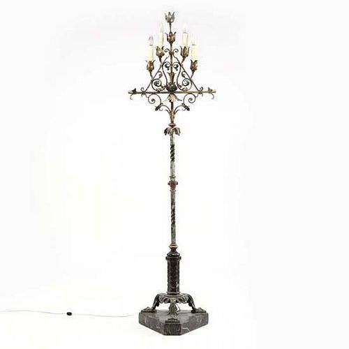 Vintage Spanish Iron and Marble Torchiere Lamp 