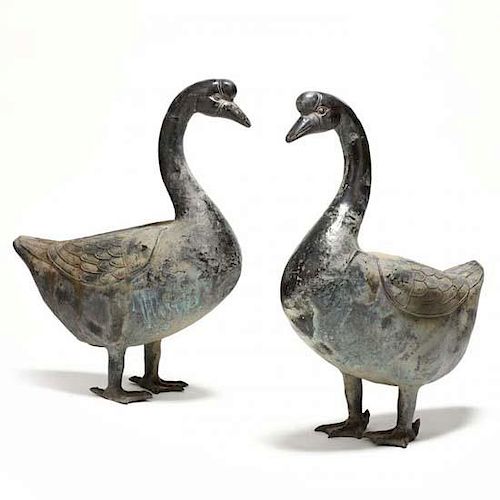 Pair of Large Chinese Cast Bronze Geese 