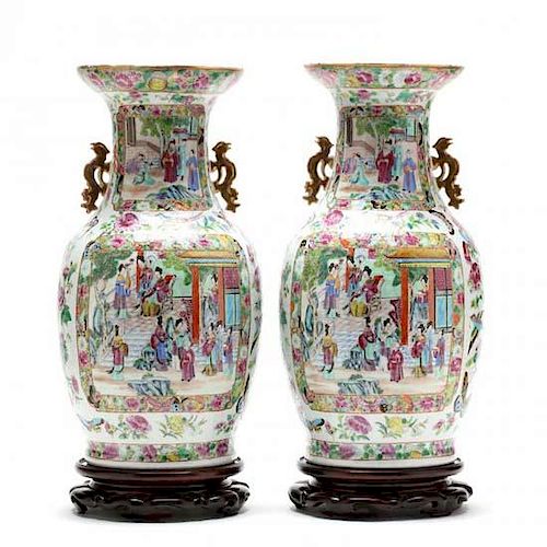 Pair of Chinese Cantonese Famille Rose Vases 