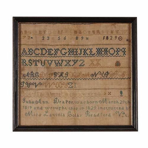 Needlework Sampler Instructed by Lavinia Colby, dated 1819, Bradford, Vermont  