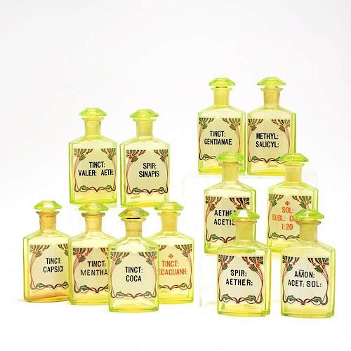 Set of Twelve Yellow Uranium Glass Apothecary Bottles 
