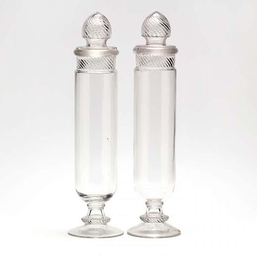 A Pair of Tall Clear Glass Apothecaries 