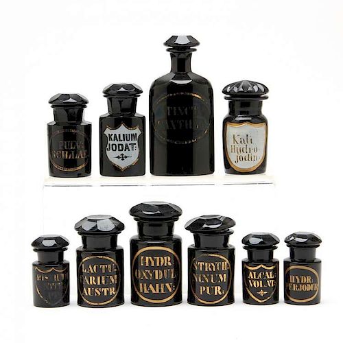Group of Rare Black Amethyst Apothecary Bottles 