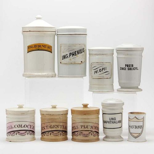 Group of Nine Porcelain Drug Ointment Jars 