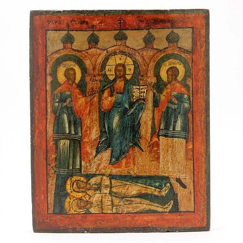 Russian Icon of Christ Flanked by Twin Saints Cosmas and Damian 