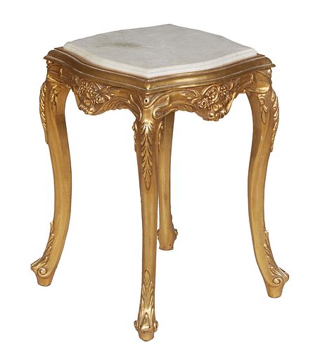 Louis XV Style Giltwood Marble Top Lamp Table, 21st c., the inset stepped tan tortoise marble on a conforming base with an arched floral carved skirt,