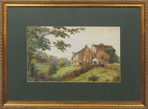 Continental School, "Countryside Home," 20th c., watercolor on paper, unsigned, presented in a gilt frame, H.- 7 5/8 in., W.- 12 1/2 in., Framed H.- 1