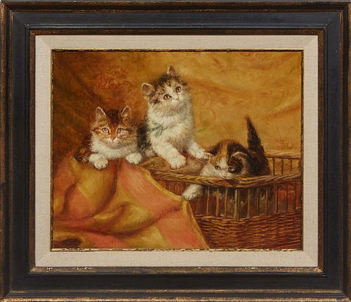 Johannes Josephus Hovener (Holland, 1936-), "Playful Kittens," 20th c., oil on board, signed lower right, presented in an ebonized and gilt frame, H.-