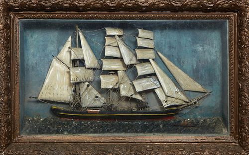 Carved Wood Diorama, 19th c., of a clipper ship in full sail, presented in a gilt and gesso shadowbox frame, Frame- H.- 22 1/4 in., W.- 35 in., D.- 7 
