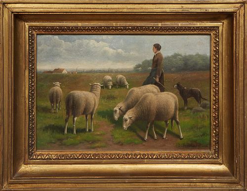 Jacob van Dieghem (Netherlands/Belgium, 1843-1885), "Shepherdess and Her Flock of Sheep," 19th c., oil on canvas, signed lower right, presented in a g