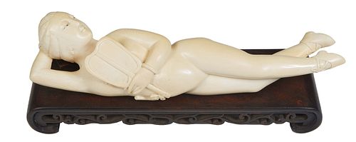 Large Chinese Carved Ivory Medicine Lady, early 20th c., on a custom carved mahogany stand, Figure- H.- 2 3/4 in., W.- 13 1/4 in., D.- 3 in.