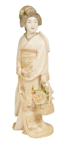 Japanese Carved and Polychromed Ivory Figure of a Geisha, early 20th c., signed on the underside, H.- 8 1/2 in., W.- 3 in., D.- 3 1/4 in.