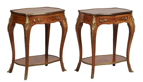 Pair of Louis XV Style Inlaid Ormolu Mounted Kingwood Lamp Tables, 20th c., the brass bound parquetry inlaid tortoise top over a pull out writing slid