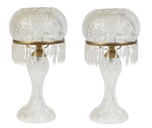 Pair of Cut Glass Mushroom Lamps, 20th c., hung with button and spear prisms, on baluster supports, H.- 26 in., Dia.- 13 in.