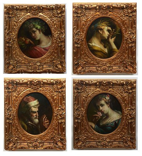 Group of Four Contemporary Chinese Portraits of the Seasons, 20th c., for oils on canvas, unsigned, each presented in matching gilt frames, H.- 22 1/2