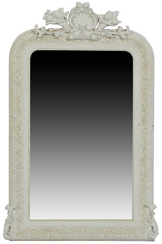 French Gesso Overmantel Mirror, late 19th c., with a shell and cornucopia crest over an arched frame with relief leaf and floral decoration, formerly 