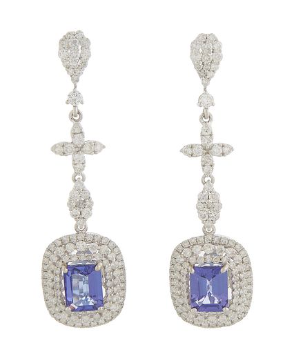 Pair of 14K White Gold Pendant Earrings, with a diamond mounted pierced pear shaped stud, to a diamond mounted link chain, with a central cross, to a 