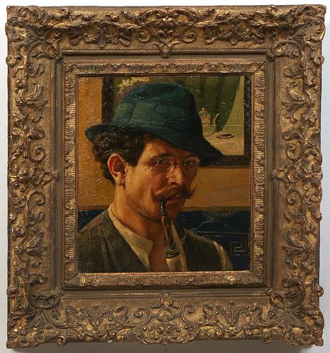 Continental School, "Portrait of a Man Smoking a Pipe," 19th c., oil on paper board, unsigned, presented in an ornate gilt frame, H.- 13 5/8 in., W.- 