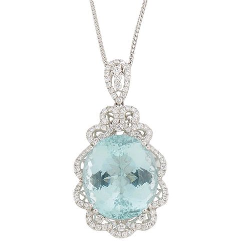 Platinum Pendant, with an oval 46.16 ct. aquamarine within an undulating border of small round diamonds, the top with a diamond mounted butterfly and 