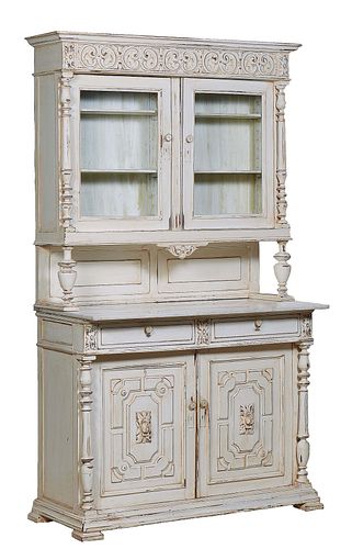 French Louis Philippe Style Polychromed Beech Buffet a Deux Corps, 21st c., the stepped crown over a relief C-scroll frieze above double setback glaze
