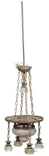 American Brass and Glass Six Light Chandelier, c. 1930, the canopy with a chain suspending a single light, to a large brass circular ring with a domed